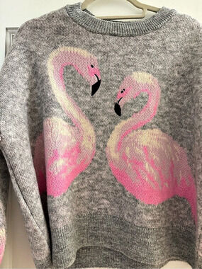 SAVIDA Flamingo Crewneck Sweater in Gray & Pink Size Small NWT